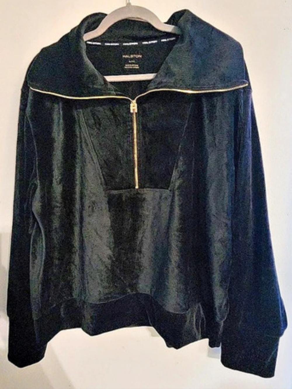 Halston Black Velvet Velour Quarter Zip Pullover Sweatshirt Plus Size XL/XXL